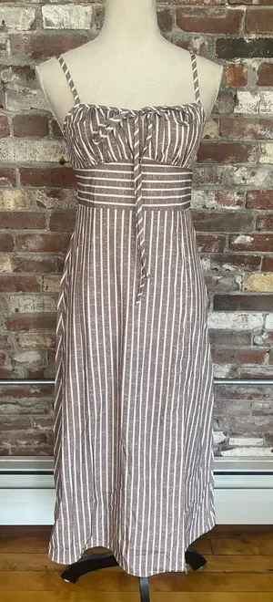 SHEIN Stripe Cami Midi Dress XS Brown White Smocked Waist Tie Bust Dress thumbnail 1