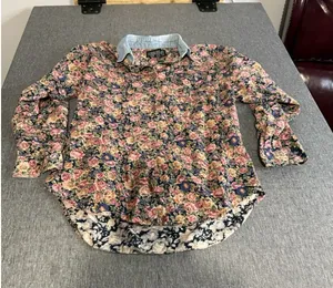 VTG At Last Shirt Top Women M Floral Button Down Long-Sleeve Denim Collar 90's thumbnail 1
