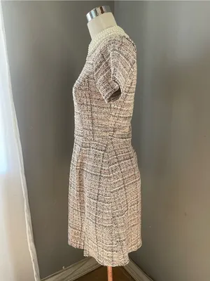 miami Pearl-Trim Tweed A-Line Dress in Cream and Gray thumbnail 2