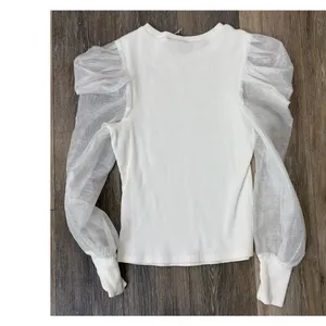Anthropologie Dolan Top Small White Ribbed Sheer Puff Sleeve Blouse Romantic thumbnail 2