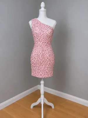 Boutique Pink with Rose Gold Sequins Velvet One-Shoulder Mini Dress thumbnail 3
