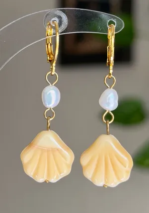 Handmade quality Czech glass beads shell & freshwater pearls dangle earrings 🐚🩵 thumbnail 1