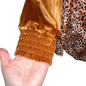 Leopard Print Velvet Sleeve‎ Top Lace-Up Neck Medium thumbnail 2