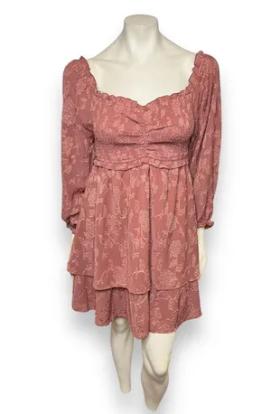Pink Lily | Textured Floral Long Sleeve Cinched Bust Smocked Mini Tiered Dress L thumbnail 6