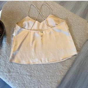 Harlyn Champagne Satin Ruffle Cami | Boho Chic Cross-Back Tank - Size LP thumbnail 3