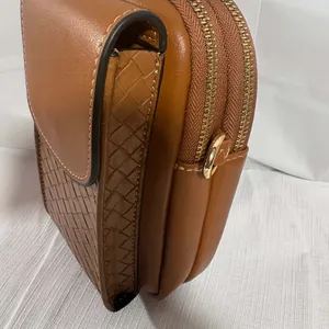 Brown Faux Leather Crossbody Mini Bag Double Zip Small Purse Gold Hardware thumbnail 6