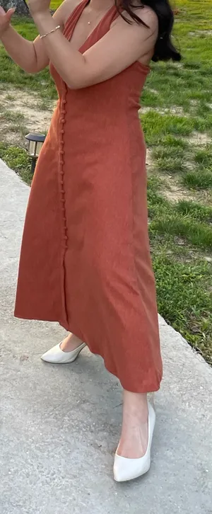 Deep Orange Lulus Halter Midi Button Down Dress thumbnail 1