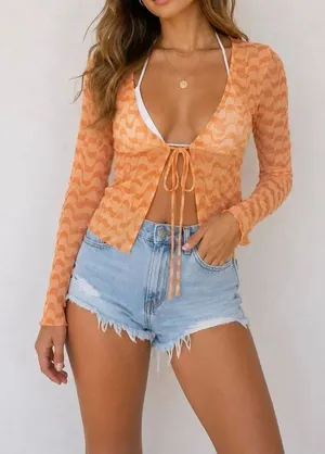 Dippin Daisys Mesh Tie Front Long Sleeve Top Peach Retro thumbnail 1