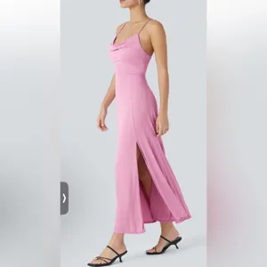 Halara Backless CrissCross Slit Midi Dress Lace Up Long Cowl Neck Pink Lilac NWT thumbnail 2