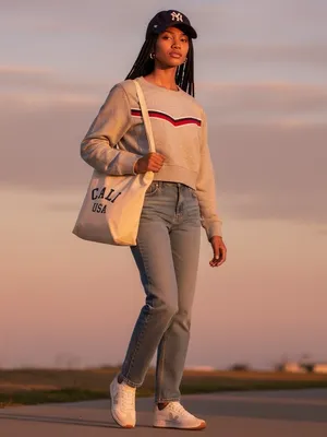 Abercrombie & Fitch Gray Cropped Fleece Sweatshirt Womens M Retro Stripe Y2K Top thumbnail 3