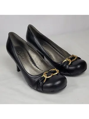 Candies Black Faux Leather Chunky Kitten Heels Pump With Gold Chain Bow Sz 8 M thumbnail 11
