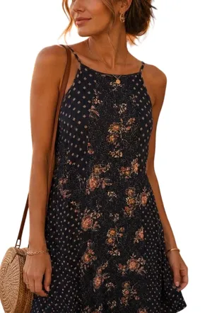 Wallflower Navy blue floral and polka dot rayon dress with gold accents thumbnail 1