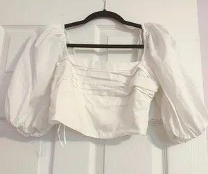 A&F Milkmaid White Puff-Sleeve Smocked Crop Top thumbnail 1