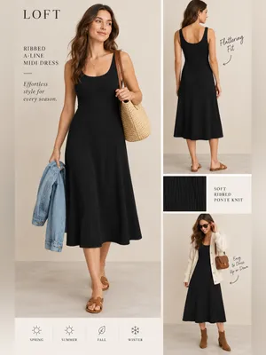 Loft Ribbed A Line Midi Dress Sz 10 NWT Ponte Knit Fit and Flare Zip Back thumbnail 2