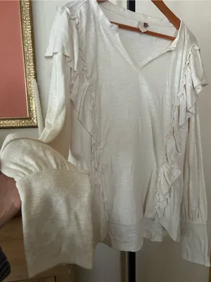 Anthropologie Pilcro Cozy Ruffle Popover Top Long Sleeve V-Neck Ivory Cream XL‎ thumbnail 3