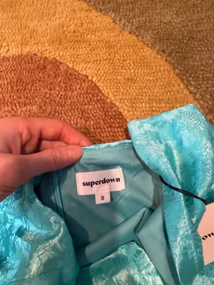 NWT Superdown Aqua Blue Satin Strapless Mini Dress Tie Back FLAWED See pics S thumbnail 4