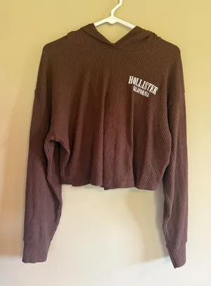 Hollister California Women Brown Ribbed Cropped Hoodie Sweatshirt‎ Small thumbnail 1