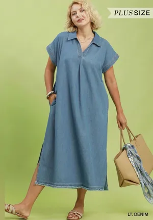 New! Umgee Plus Size Cotton Stone Washed Collared Denim Midi Dress Size 2X thumbnail 1