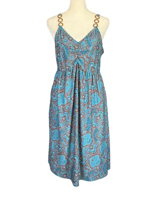 Women's blue and brown summer dress with pockets decorative gold rings size L thumbnail 7