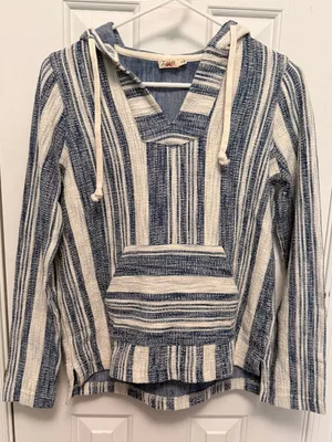 Faherty Islet Striped Poncho XS Blue Cream Hooded Coastal Baja Pullover‎ Sweater thumbnail 4