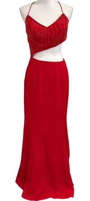 VTG Y2K Showtime Red Beaded Asymmetrical Midriff Cutout Prom Gown Sexy Witch 90s thumbnail 1