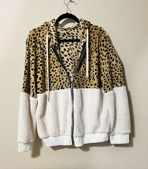 Leopard and White Sherpa Fur Zip Up Hoodie Jacket thumbnail 1