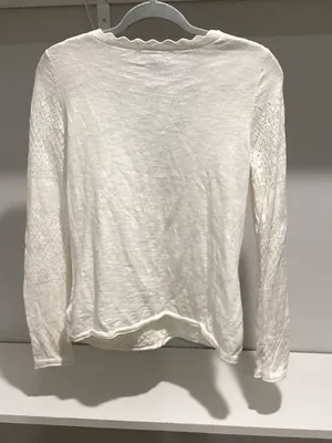 Frye Women's Ivory White Pointelle V-Neck Scalloped Trim Cardigan Sweater Size S thumbnail 3