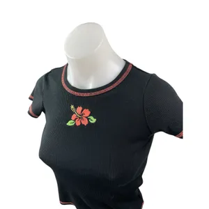 Art Class Hibiscus Embroidery Black Ribbed Crop Crew Neck Baby Tee T-Shirt Top L thumbnail 2