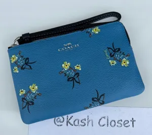 Coach Blue Corner Zip Wristlet With Bow Floral Print thumbnail 1
