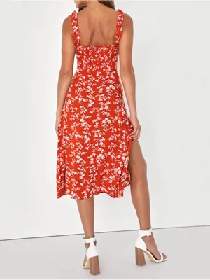 LULUS Women’s Garden Date Red Orange Floral Print Ruffle Midi Dress size XXS thumbnail 2