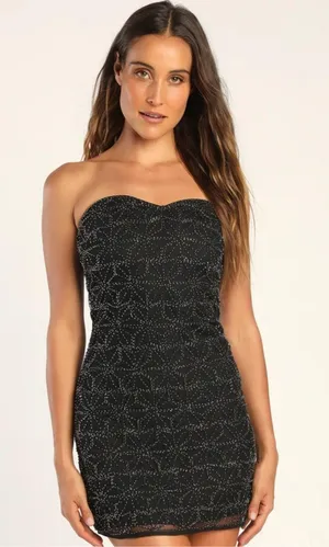 NWT Lulus Soiree Sparkles Black Beaded Strapless Mini Dress thumbnail 1