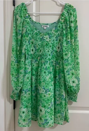 Steve Madden Green Floral Long Sleeve Smocked Mini Dress thumbnail 1