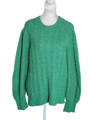 Crown and Ivy Green Relaxed Fit Cable Knit Puffy Sleeve Sweater Size Large thumbnail 1