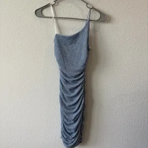 NWT B. Darlin Light Blue Glitter Ruched One-Shoulder Mini Dress Size 2 thumbnail 3