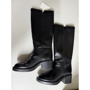 Zara $139 Faux Leather Black Boots Chunky Block Low‎ Rubber Heel Hunting Moto thumbnail 4