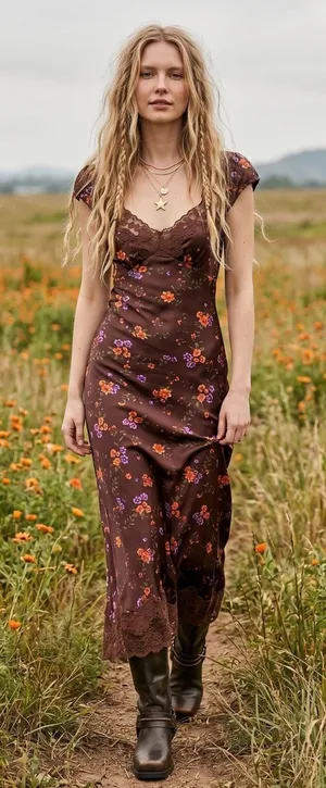 Free People Dainty Lace Retro 90s Butterfly Babe Maxi Dress Brown Combo Medium thumbnail 1