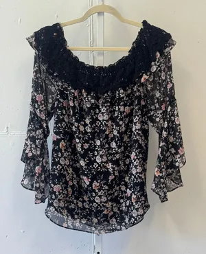 White House Black Market Floral Off Shoulder Lace Trim Bell Sleeve Blouse XL thumbnail 1
