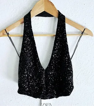 Zara Sequin Halter Vest Top Black Sz XS NWT thumbnail 3