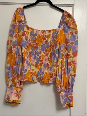 Free People Floral Smocked Square-Neck Top - Orange, Purple, Pink thumbnail 3