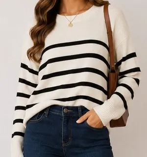 H&M Divided Women Sweater Cream Black Striped Nautical Knit Medium‎ thumbnail 1