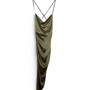 Club L London Olive Green Satin Cowl Neck Ruched Asymmetrical Midi Dress size 10 thumbnail 3