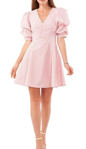 1. STATE Pink Gingham Puff-Sleeve Dress thumbnail 1