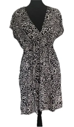 Faded Glory Black White Floral V-Neck Short Sleeve Knee Knit Dress S Stretch thumbnail 1