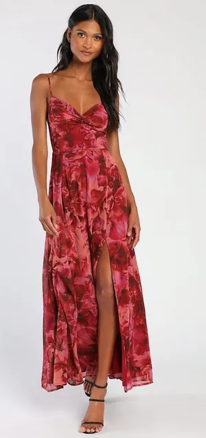 NWT Lulus Beautiful Soul Burgundy Floral Print Twist-Front Maxi Dress Cruise M thumbnail 1