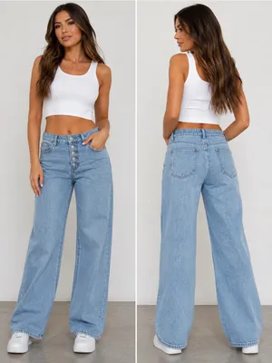Edikted Wide Leg Jeans Women’s L Light Wash High Rise Button Fly Denim thumbnail 2