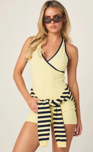 🆕🌙Missguided Yellow & Navy Wrap Romper thumbnail 1