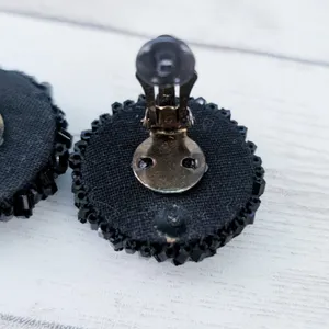 Vintage Clip On Earrings Large Black 1.25" Beaded Circle - One Damaged thumbnail 6