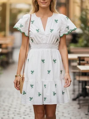 Anthropologie Women’s Somerset White Green Embroidered Cap Sleeve Mini Dress S thumbnail 10
