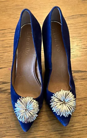 Anthropology Lien Do Blue Suede Pointed Toe Stiletto Pump Pom Pom Slip On US 7 thumbnail 1