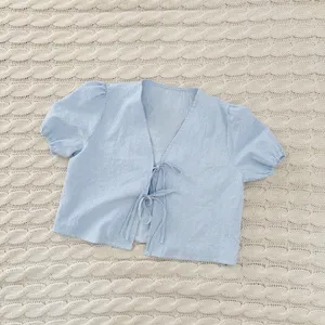 Sky Blue Gingham Puff Sleeve Tie-Front Blouse thumbnail 3